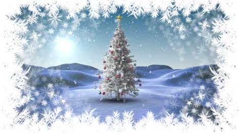 Borde-De-Copo-De-Nieve-De-Navidad-Con-árbol-En-Paisaje-Invernal