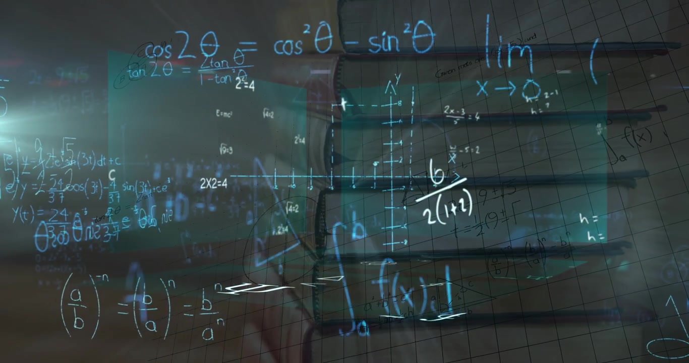 Animation of mathematical equations over books on black background