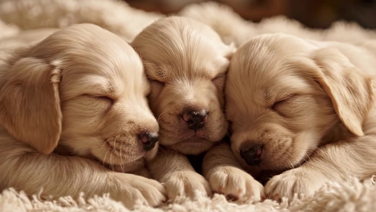 Tre adorabili cuccioli di Golden Retriever accoccolati insieme in un sonno confortevole: una scena commovente di tenerezza e innocenza che scioglie il cuore