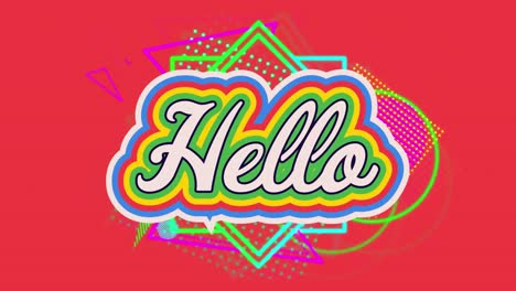 Animation-of-Hello-text-with-rainbow-colours-and-multiple-abstract-shapes-moving-on-red-background.-
