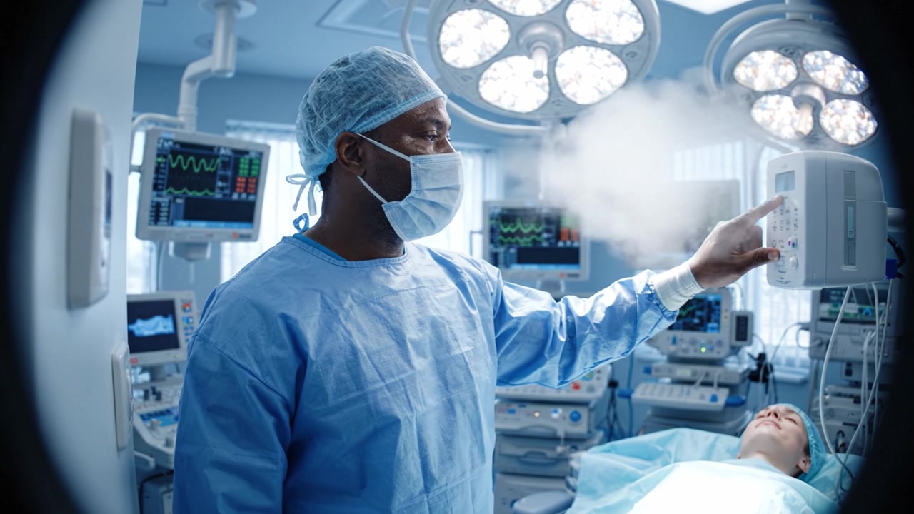 Kirurg overvåger patientens vitale tegn under operation i en moderne operationsstue med avanceret medicinsk udstyr og teknologi for optimal pleje.