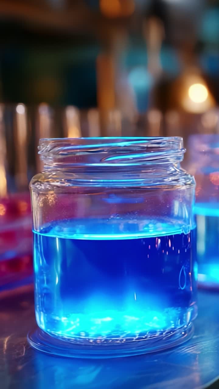 Una rappresentazione vivida di liquido blu in un barattolo illuminato da una luce soffusa, che cattura l'essenza della chimica e del mistero in un ambiente di laboratorio