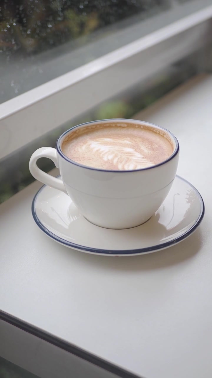 Latte caldo con latte art su un tavolo bianco vicino a una finestra