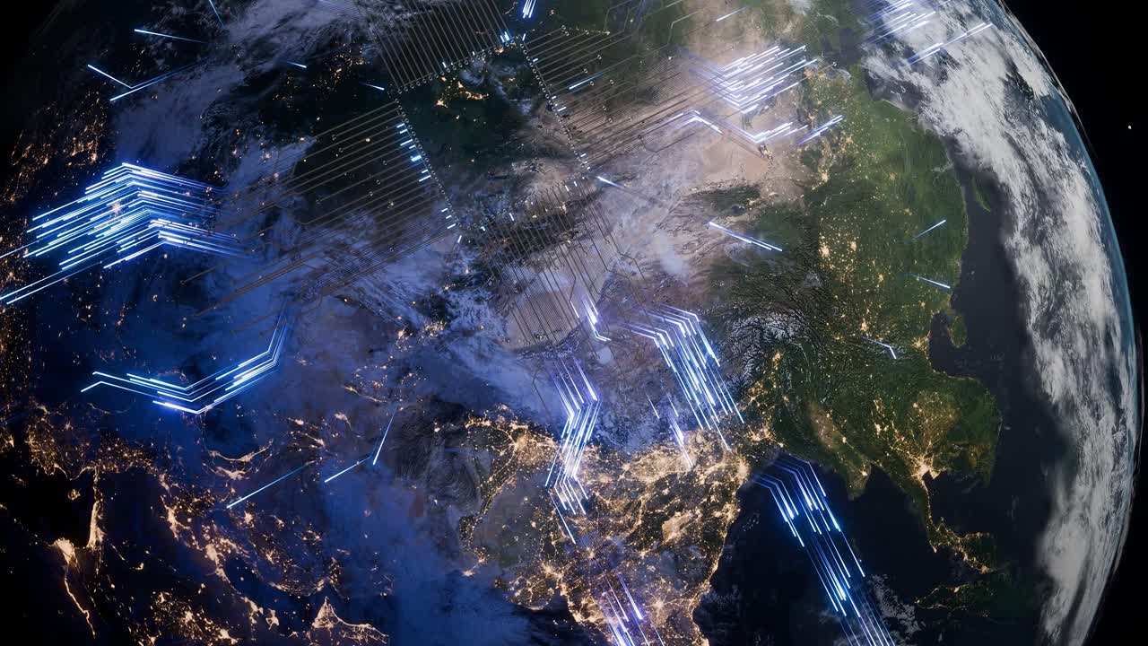Planet Earth with visible Central and East Asia at night and glowing blue digital circuit arrows. 3D render representing global data transmission, cyber communication and digital.