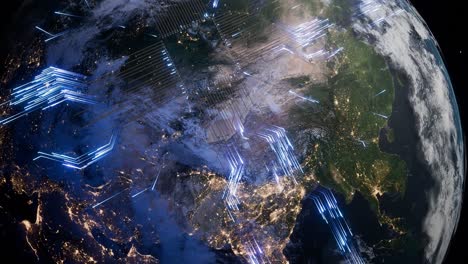 planet earth with visible central and east asia at night and glowing blue digital circuit arrows. 3d render representing global data transmission, cyber communication and digital.