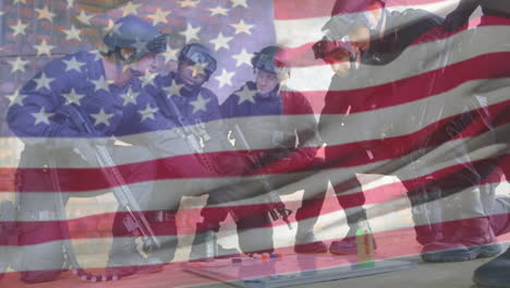 animación de la bandera de los ee.uu. sobre diversos soldados masculinos