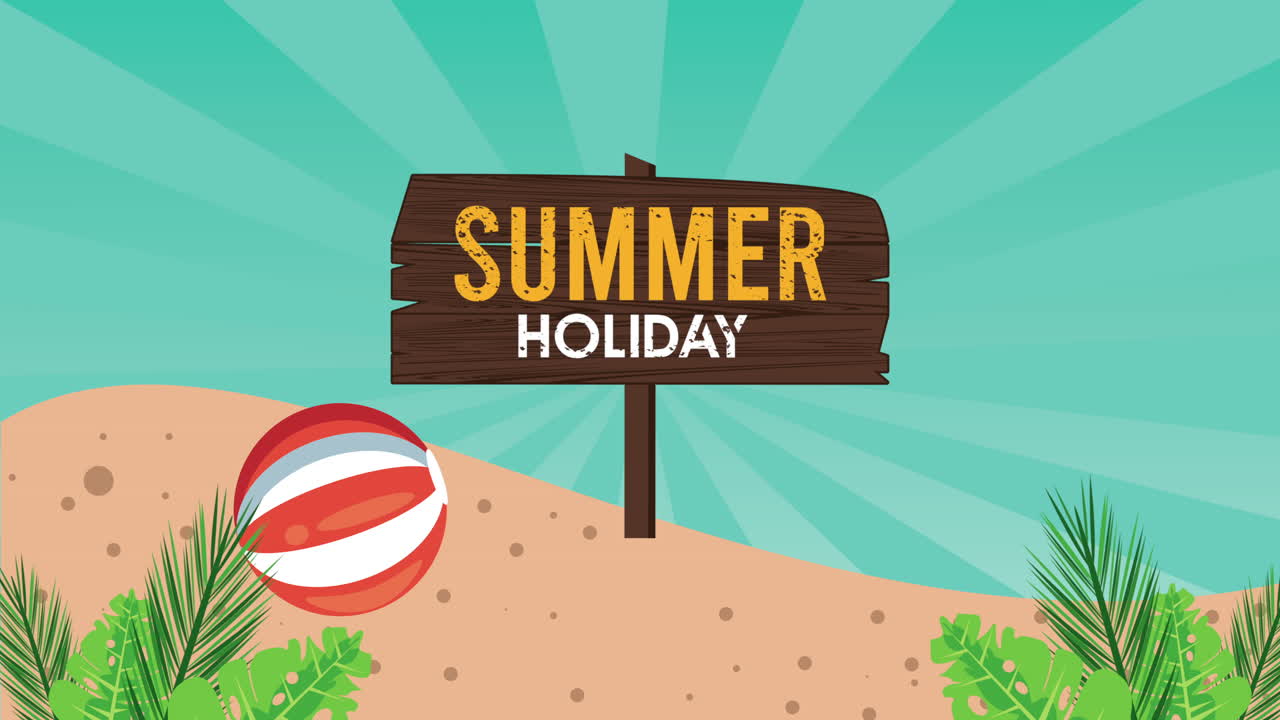 해변에 나무 라벨과 풍선과 함께 여름 휴가 시즌