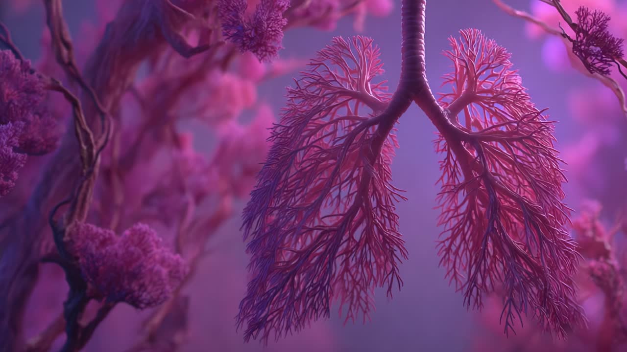 A Stunning Visualization of Lungs Surrounded by a Dreamlike Forest of Vibrant Pink Flora, Unveiling the Beauty of the Human Respiratory System in an Artistic Display