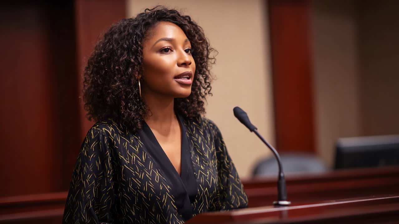 In a solemn courtroom setting, a confident woman with curly hair stands at the podium delivering a compelling statement, embodying conviction and clarity in her presentation as she addresses the audience