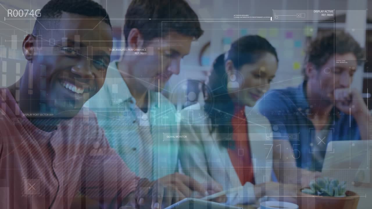 Animation of data processing over diverse business people in office