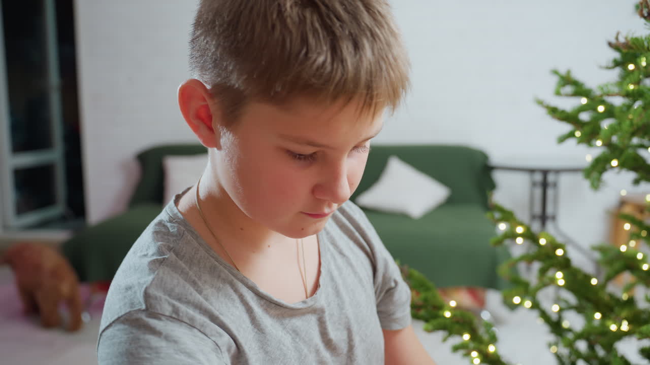 Boy focusing intently while arranging near Christmas tree with cozy background showing small dog resting peacefully on green couch, festive atmosphere filled with lights and holiday decorations