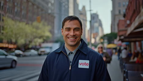 smiling man wearing a 'vote' sticker on a city street