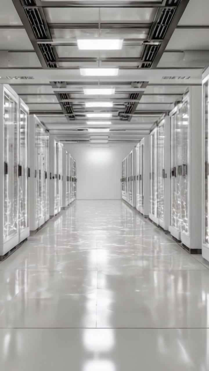 Et højteknologisk datacenter med rækker af serverkabinetter, oplyste gulve og et elegant, moderne design, der fremhæver avanceret informationsteknologi-infrastruktur.