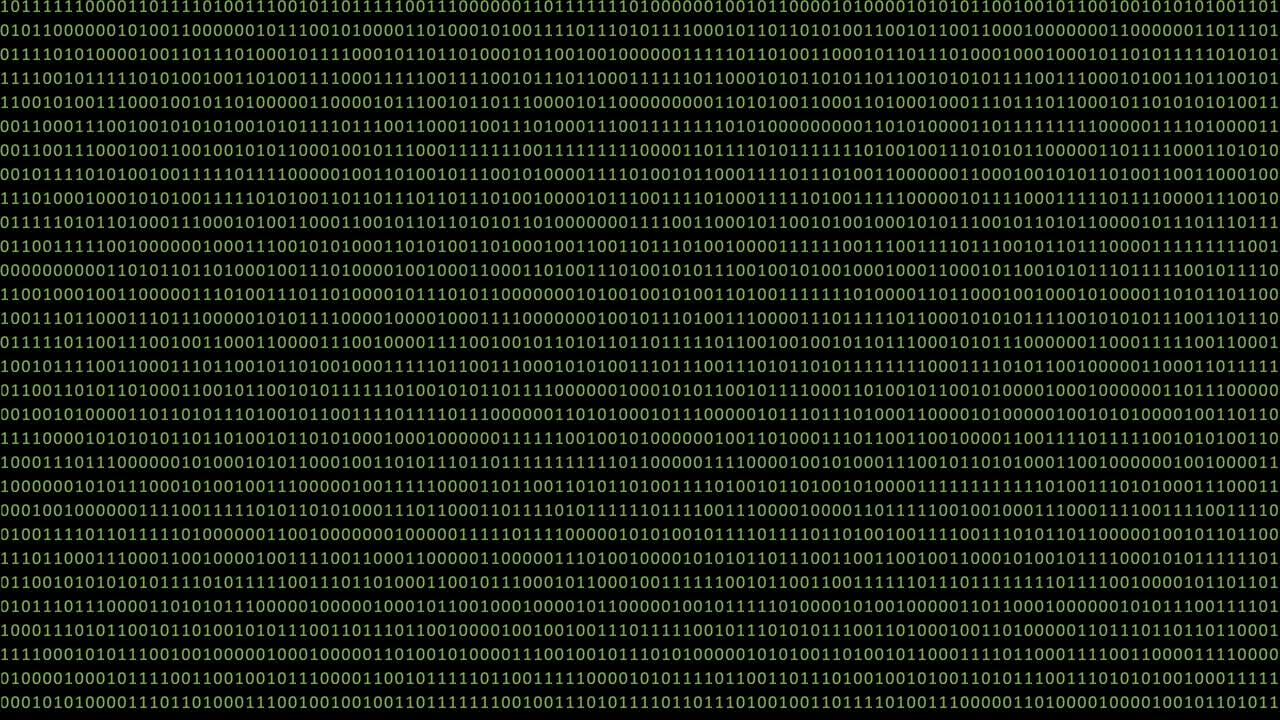 Animated binary zero and one data on a black computer screen