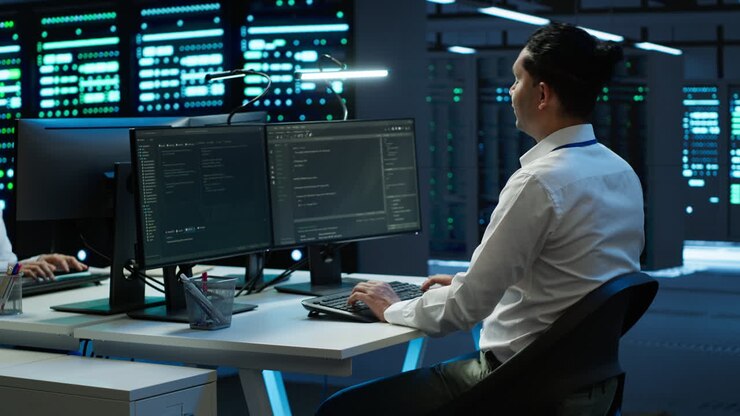 Developer and coworker overseeing data center