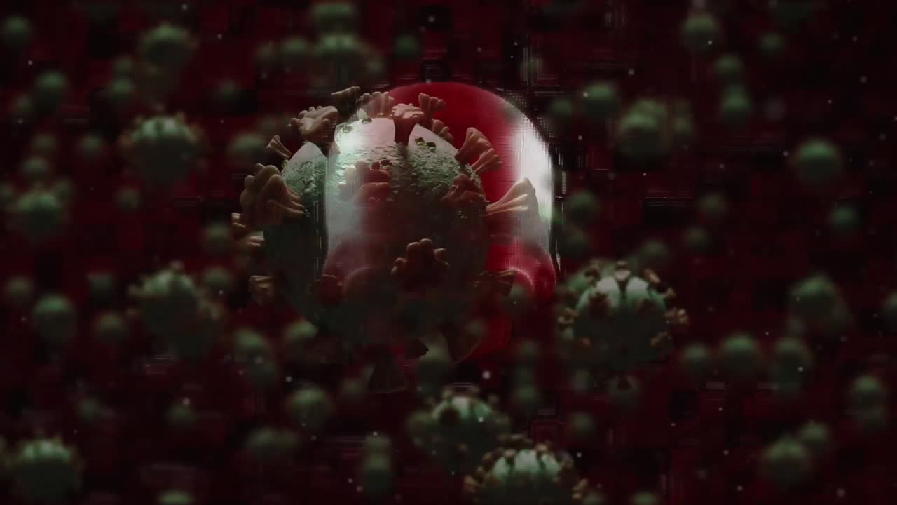Animation of macro coronavirus Covid-19 cells floating over a red dead head skull spinning