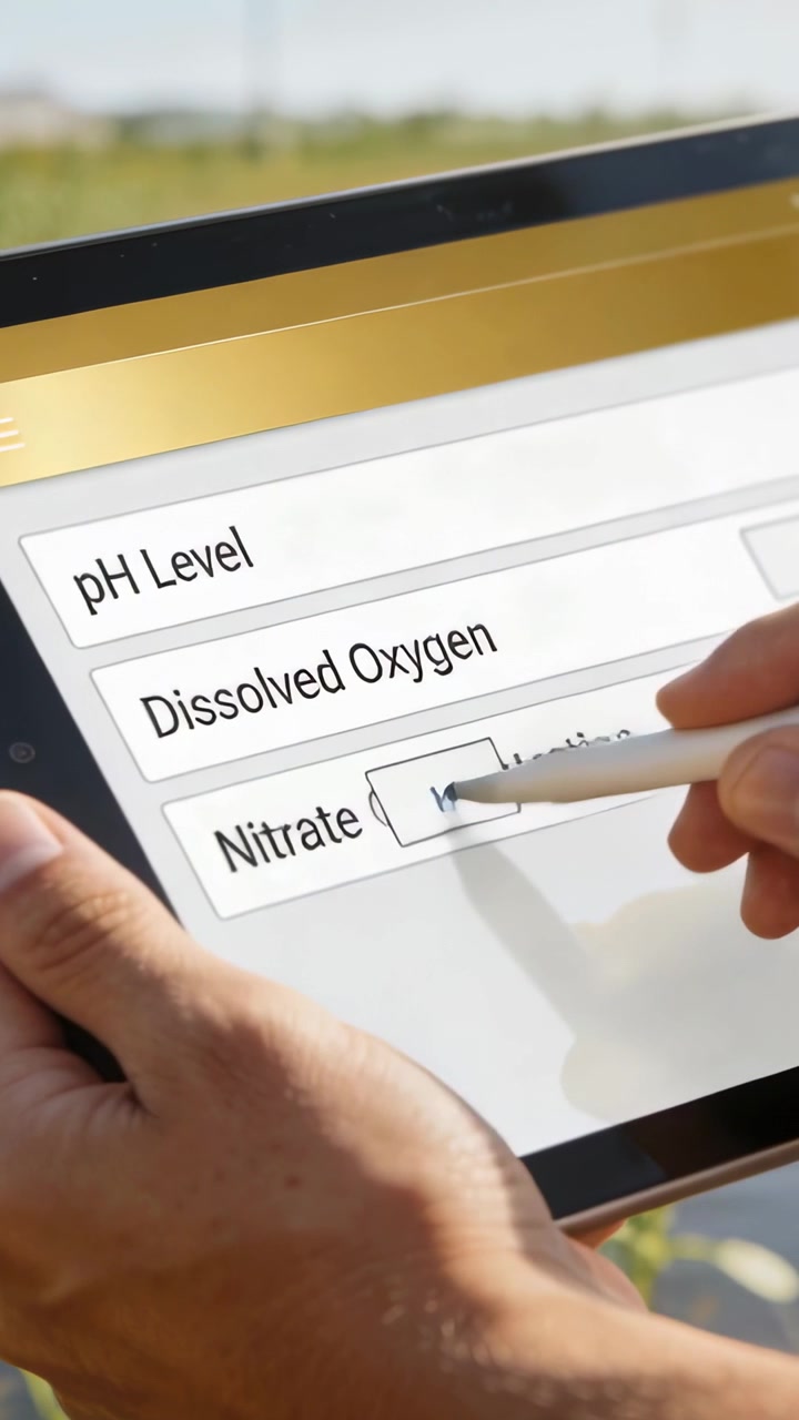 Video vertikal: Memegang tablet teknologi, mengamati 14 data, memasukkan pH, DO, dan mengetuk nitrat dengan stylus di lapangan.