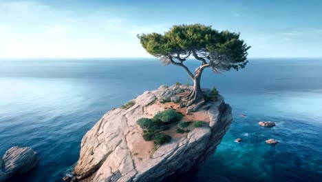un árbol solitario en la cima de una roca en el medio del océano