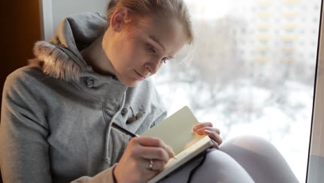 Junges-Mädchen-Schreibt-In-Ihr-Tagebuch