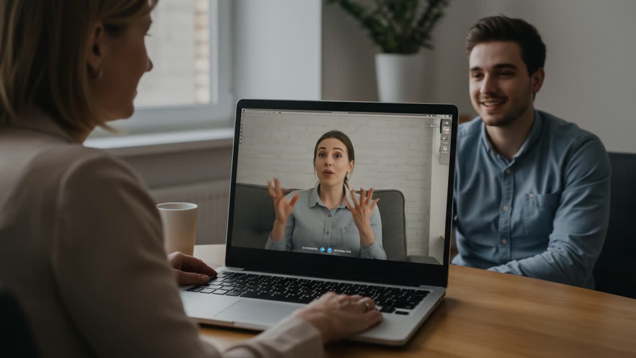 Engaging Online Communication: A Woman Imparts Knowledge While Video Conferencing with a Smiling Man in a Bright, Modern Workspace