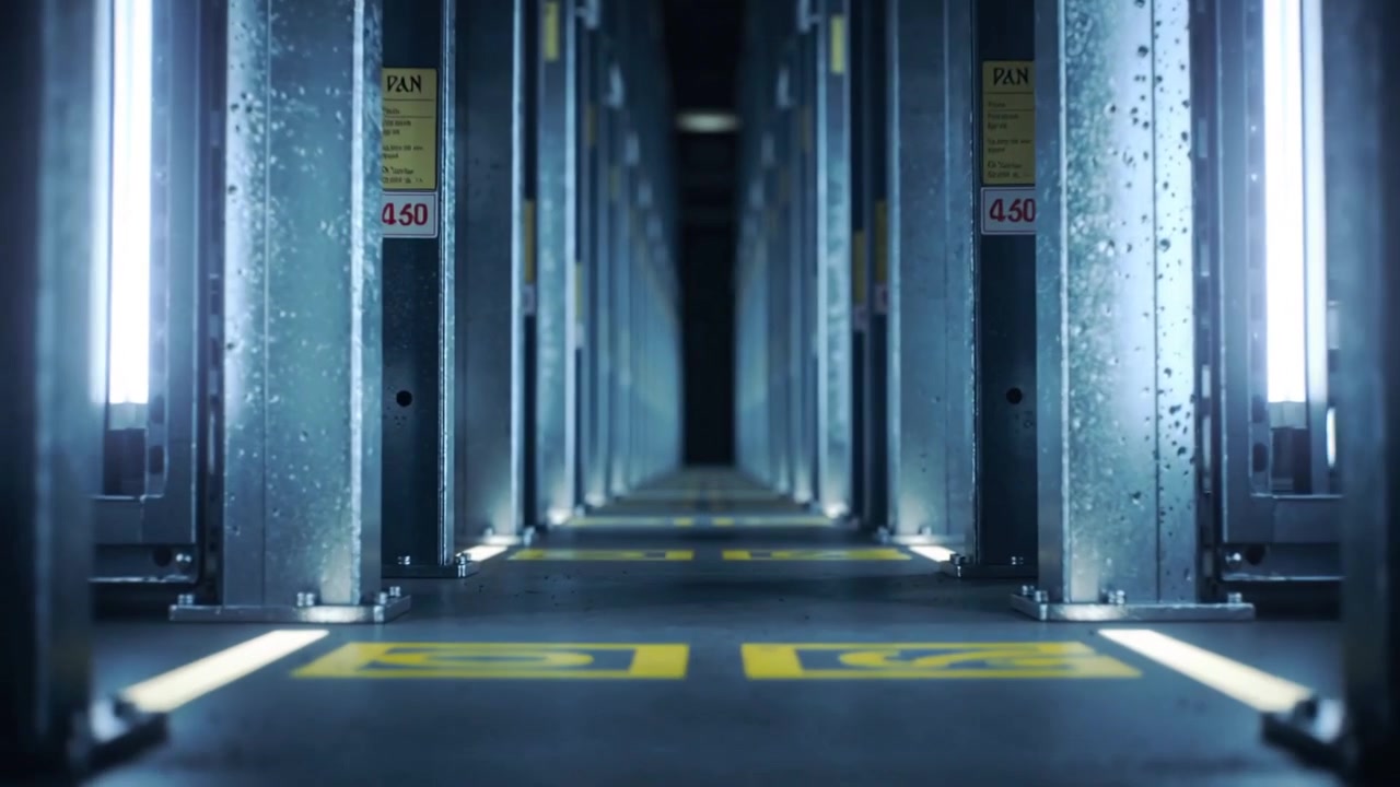 La telecamera di tracciamento parte vicino al pavimento, scorrendo lungo il corridoio di stoccaggio, rivelando LED ed etichette degli scaffali.