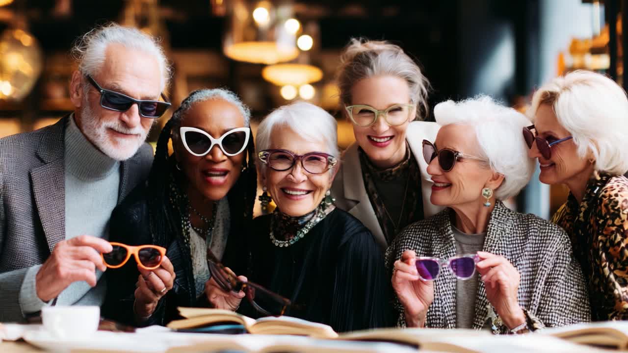 A Joyous Celebration of Style and Friendship: A Group of Senior Adults Enjoying Life Together While Showing Off Their Colorful Sunglasses in a Trendy Cafe Setting