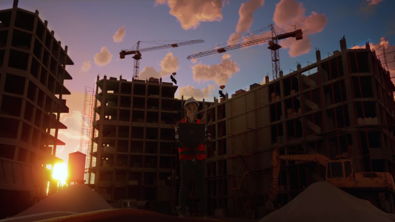Full Body Of Asian Male Engineer With Safety Helmet Working On A Laptop And Looking Around While Standing At Construction Site, During Sunset Or Sunrise Time