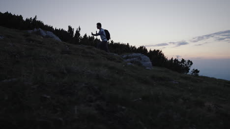 camera tracking from the side a hiker walking up a hil with hiking poles, by the conifers and some rocks