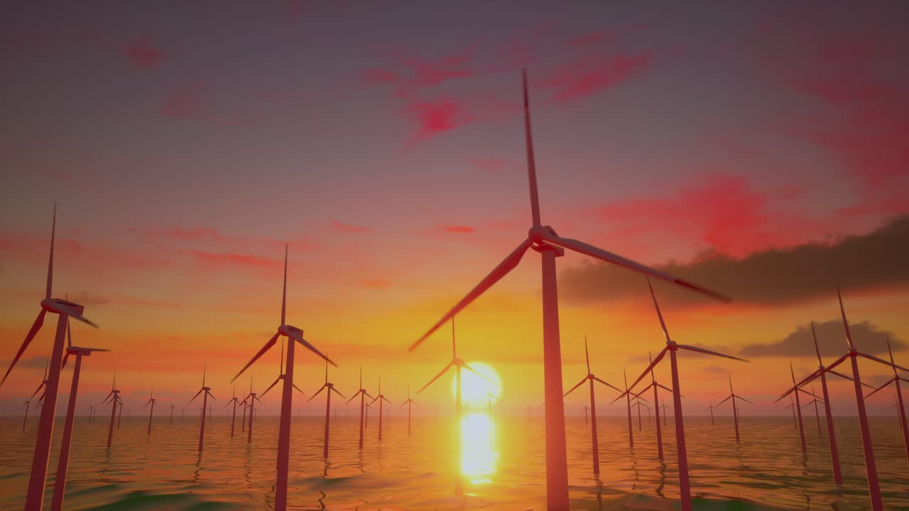 Windmill Park In The Sea. View Of Windmill Turbines Generating Green Energy Electric At Sunset