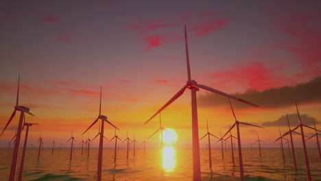 windmill park in the sea. view of windmill turbines generating green energy electric at sunset