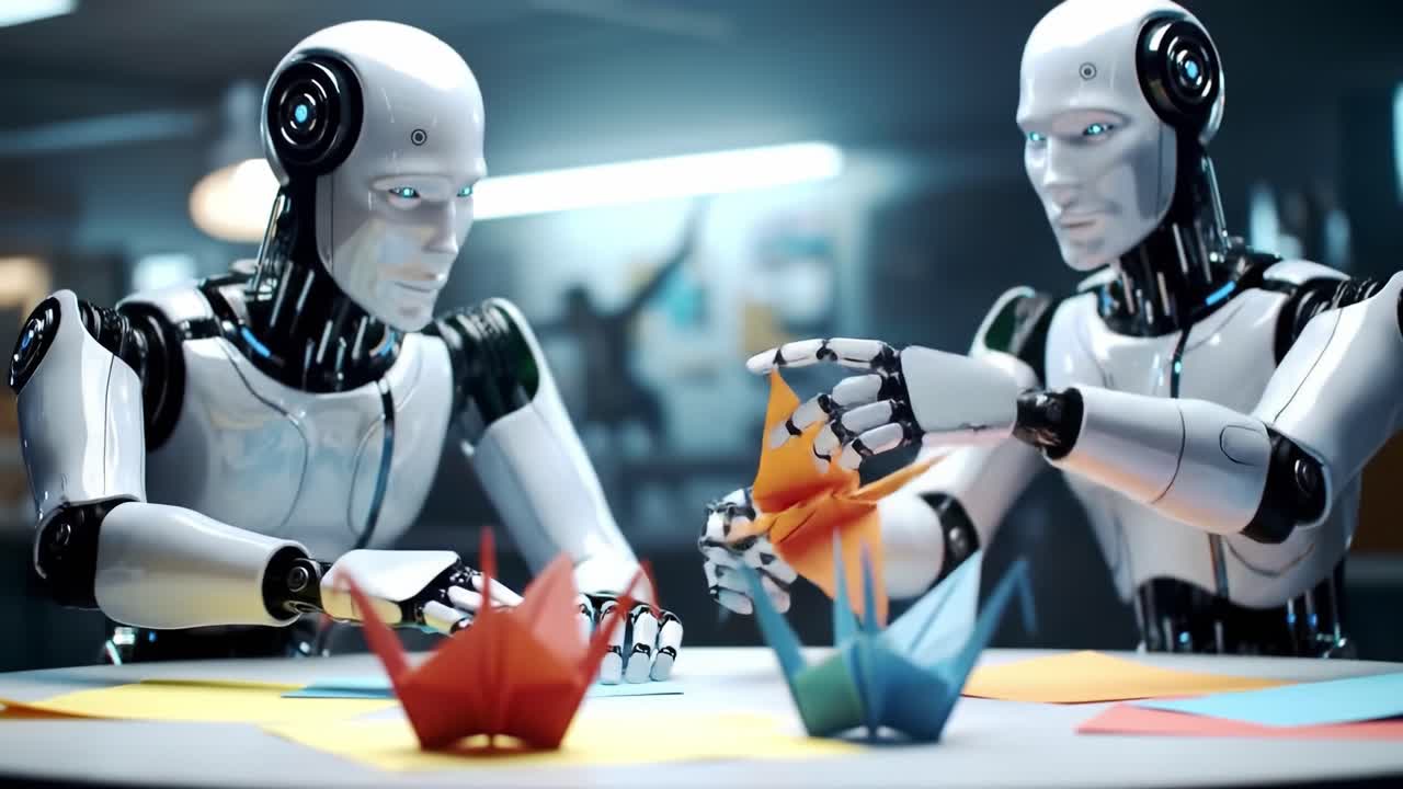 Two advanced robots skillfully fold colorful paper into origami shapes at a high-tech workspace, showcasing creativity and precision. The environment is filled with innovative tools and technology.