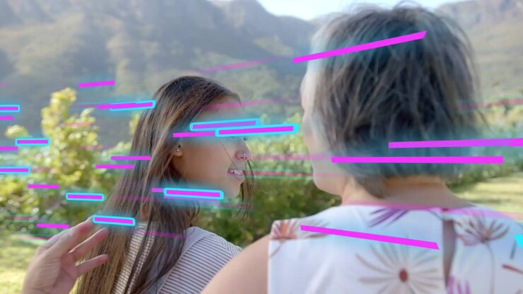 Madre che alza la mano, accarezzando i capelli dell'adolescente mentre strisce magenta e ciano si sovrappongono, preparando la pubblicità.