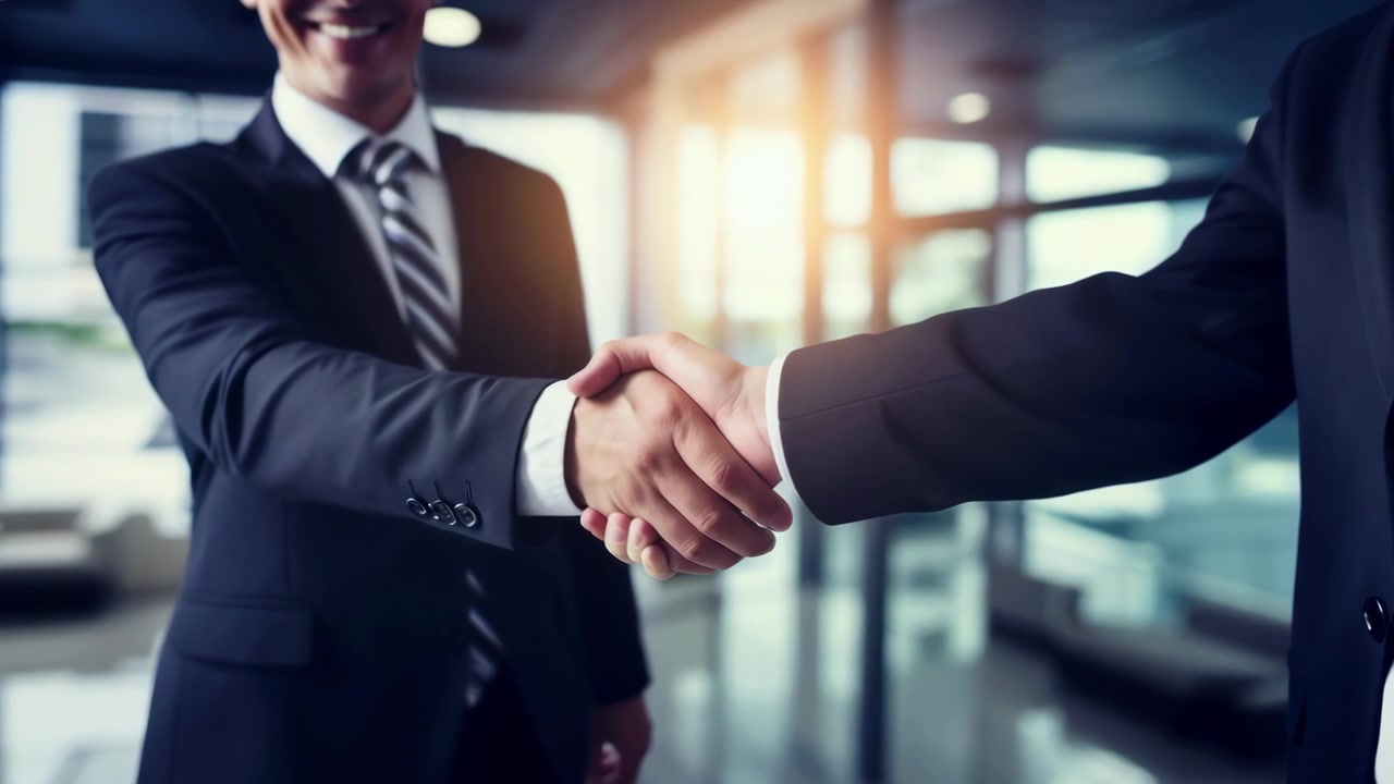 Due uomini d'affari che si stringono la mano in un ufficio moderno