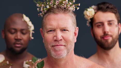 flowers, pride and diversity with men in studio