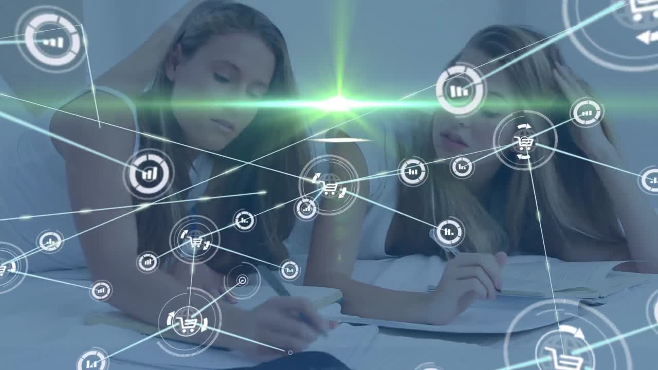 red de conexiones y rastros de luz contra un grupo de estudiantes universitarios que estudian en clase