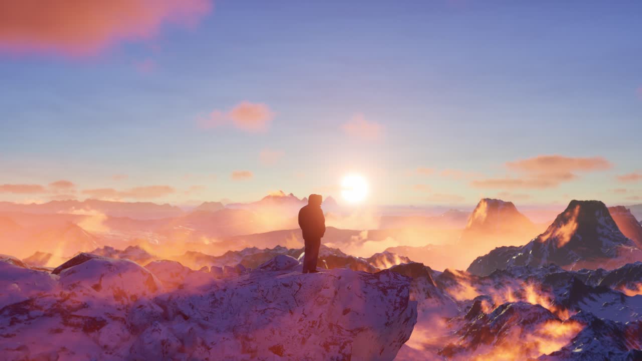 해가 지는 산꼭대기 에 있는 사람 의 실루