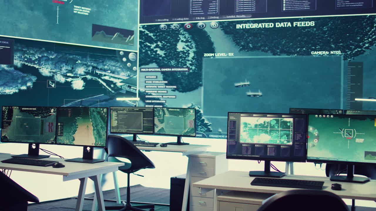 cuartel general de la sala de control militar vacío con una gran pantalla
