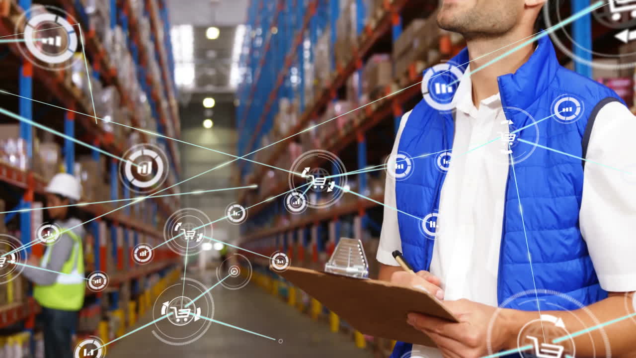 animación de la red de conexiones con iconos sobre trabajador masculino caucásico que trabaja en el almacén