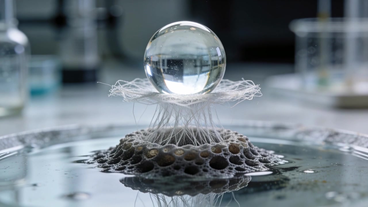 Liquid settling causing thin fibers tensing under clear glass sphere on lab bench with porous mound