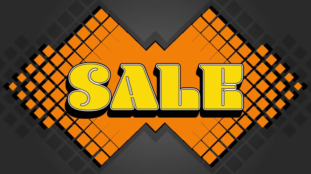 animación del texto de venta sobre la forma naranja sobre fondo oscuro