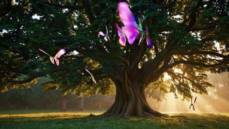 majestic tree with glowing butterflies