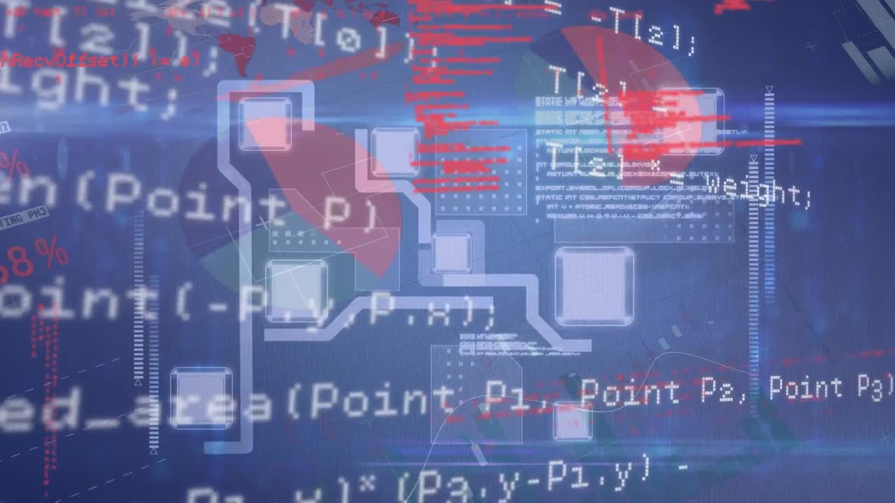 파란색 배경에 있는 메인보드 처리에 대한 데이터 텍스트 레이어의 애니메이션