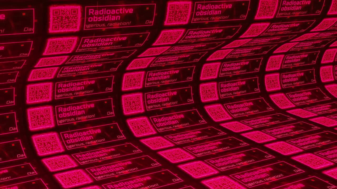 abstracto textura oscura doblada con advertencia radiactiva y códigos qr. movimiento. información de área peligrosa infectada, bucle sin costuras.