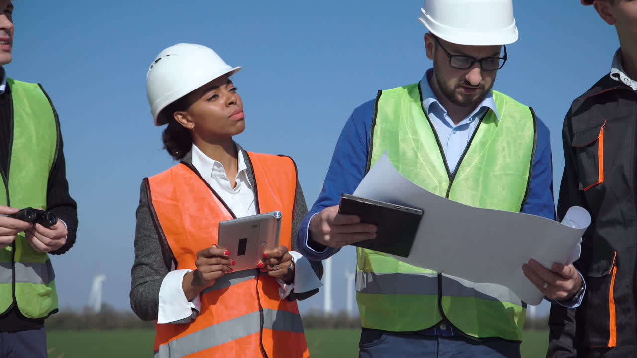 ingenieros de parques eólicos que revisan los planes del proyecto