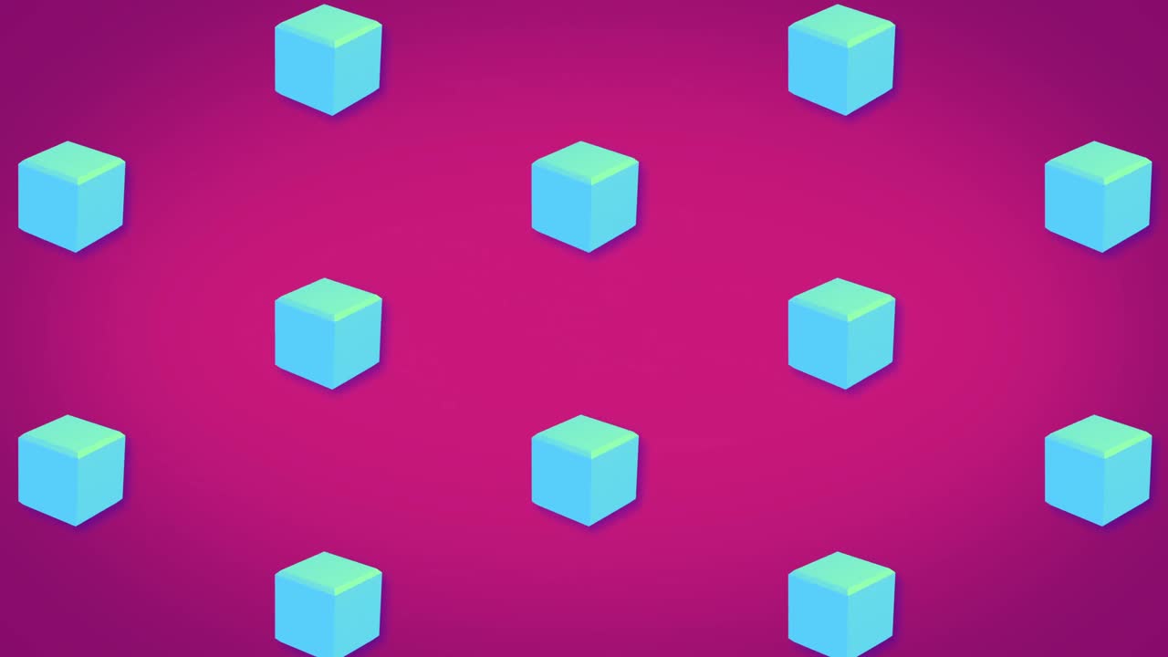 분홍색 배경에 움직이는 파란색 큐브 패턴의 줄의 애니메이션