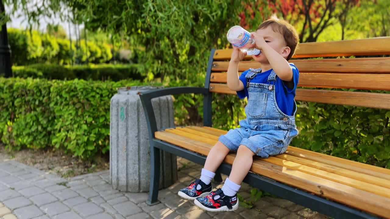Adorable little kid in jeans romper sits on the bench. Lovely toddler boy drinks water from the bottle.