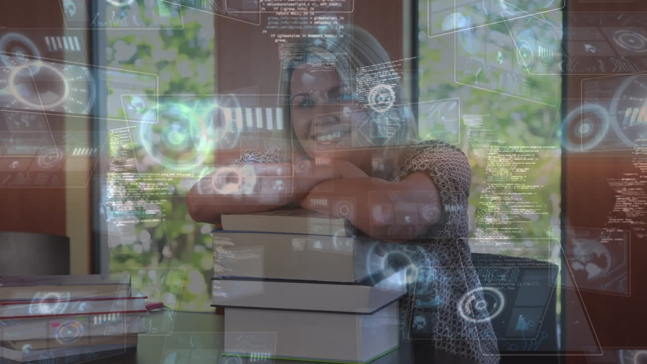 animación de escaneo de alcance y procesamiento de datos sobre una estudiante sonriente