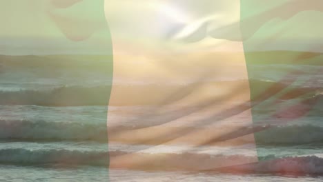 Digitale-Komposition-Einer-Wehenden-Nigeria-Flagge-Vor-Dem-Blick-Auf-Den-Strand-Und-Die-Meereswellen