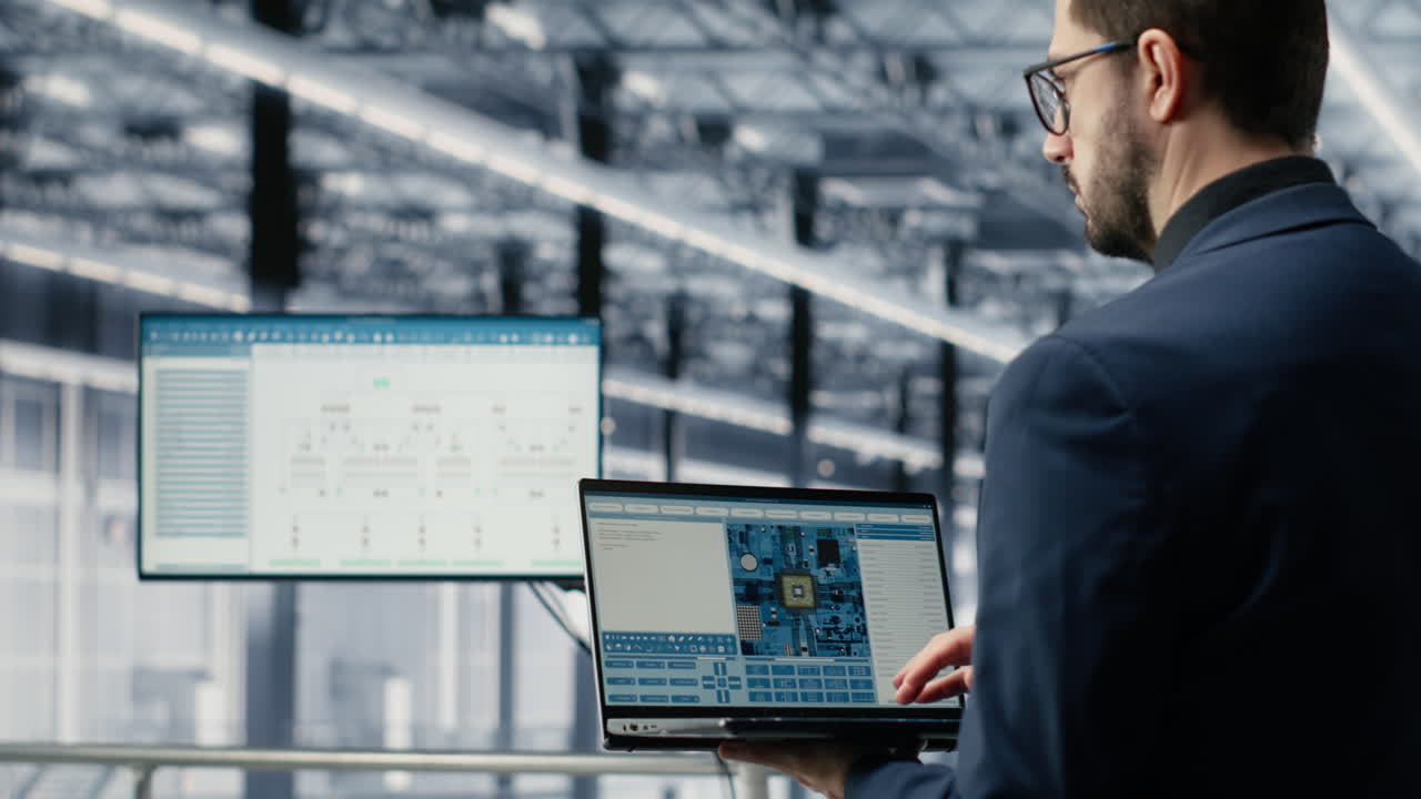 Portrait of woman reviewing microchip smart factory diagnostics
