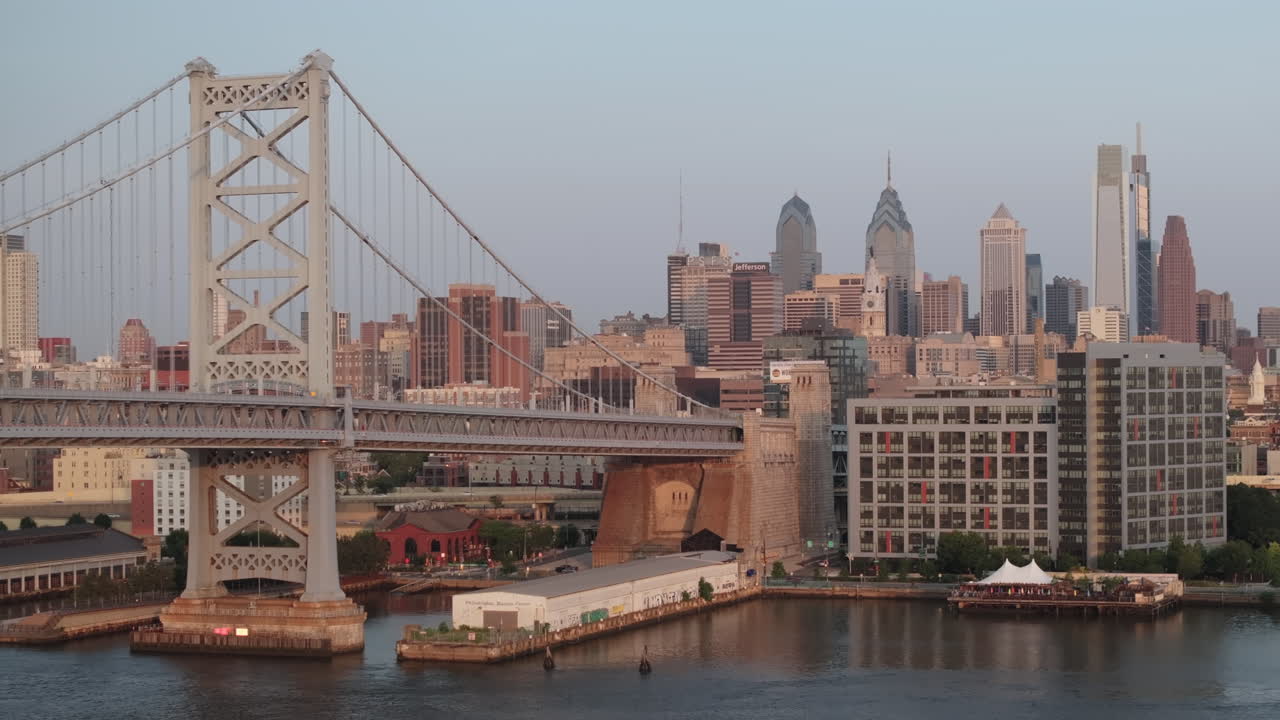 Aerial view of the Ben Franklin Bridge at sunrise. Shot in Philadelphia, Pennsylvania
